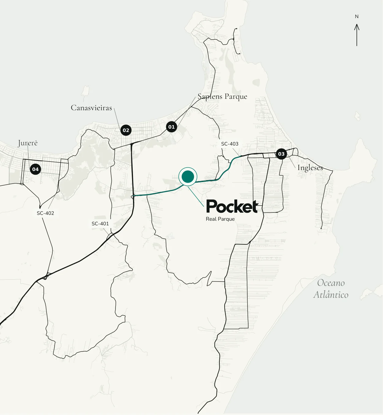 Mapa do Norte da Ilha com a posição do Pocket, SC-401, SC-403, Sapiens Parque, Canasvieiras, Jurerê e Ingleses