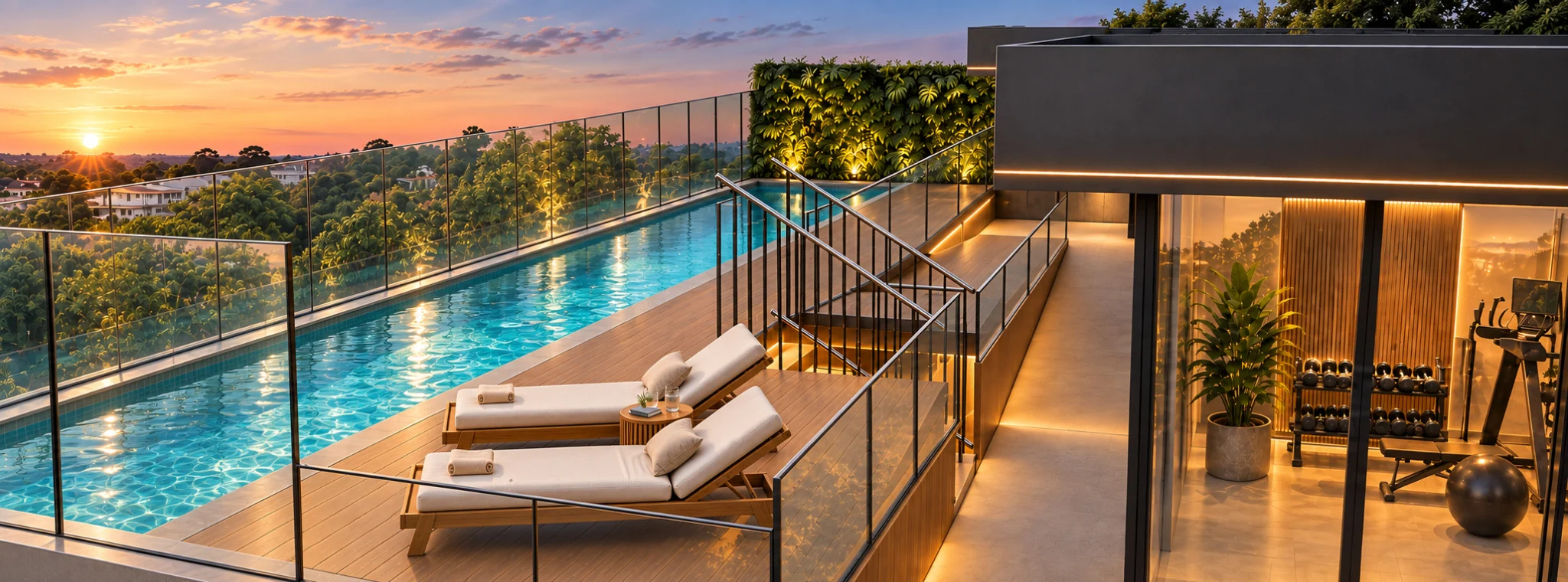 Piscina e deck do Pocket com vegetação no ático