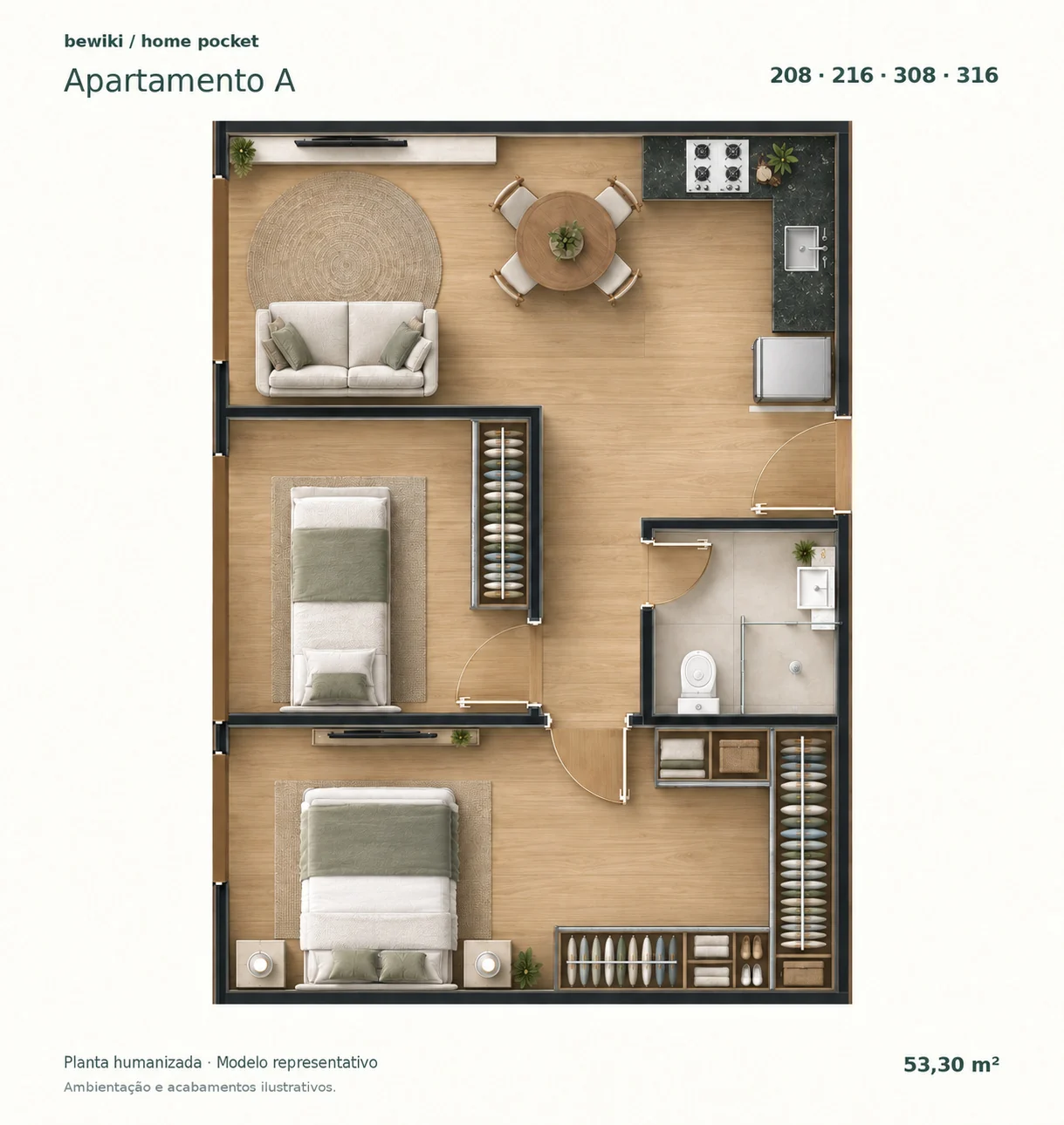 Planta humanizada do Apartamento A, sem escala